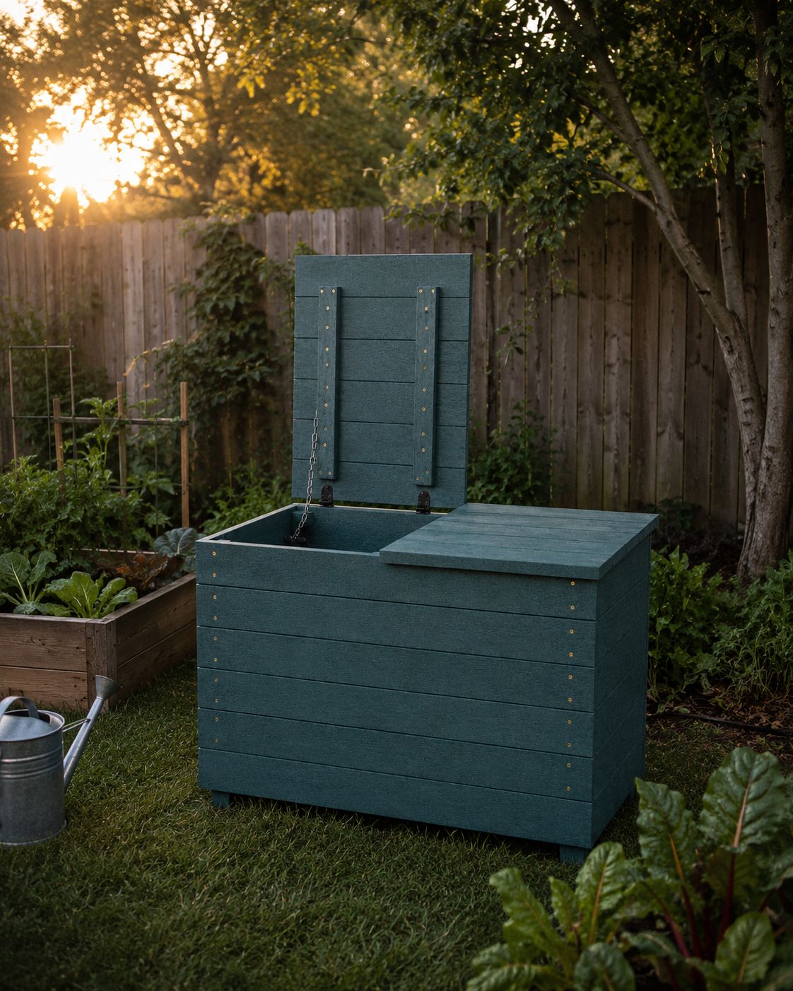 Composteras de madera plástica al atardecer, con tapa