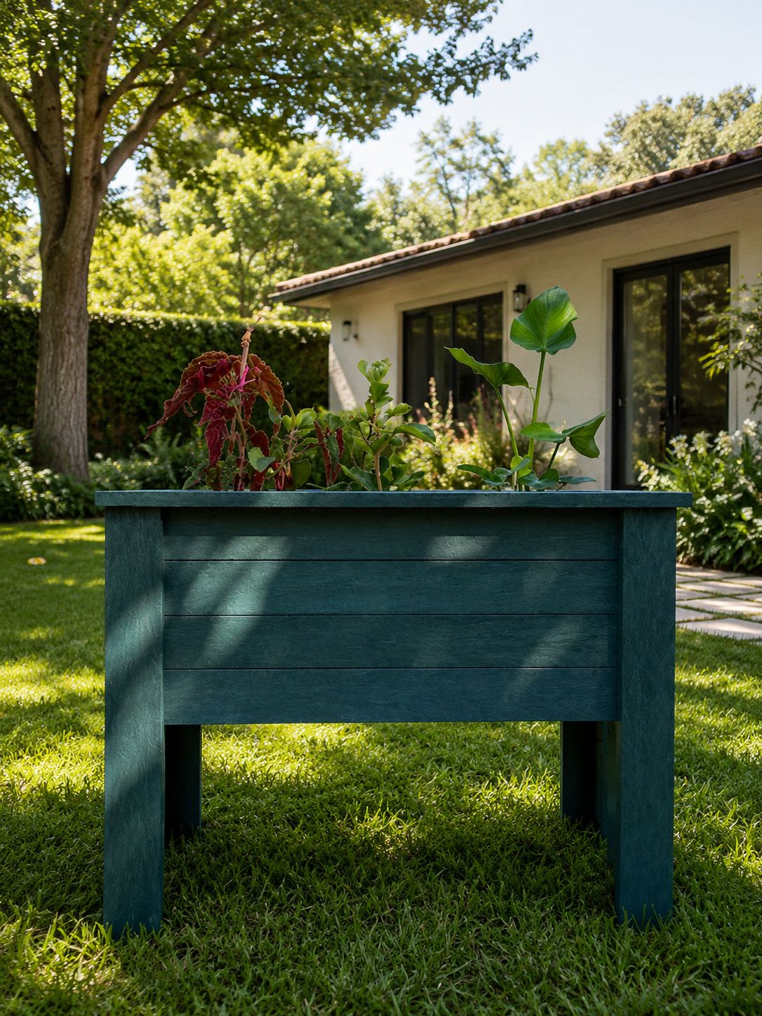 Huertera de madera plástica en un jardín soleado